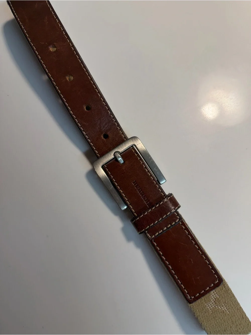 Burberry Brown Leather Belt with Tan Canvas Tip and Silver Buckle